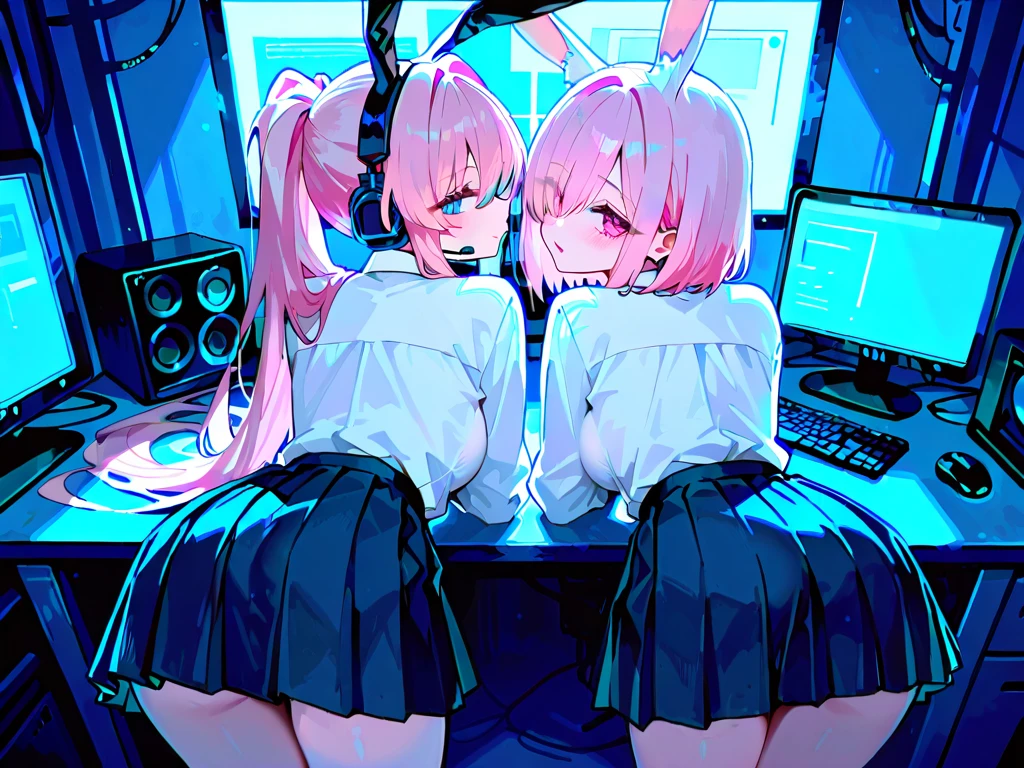 Girls with pink hair, long double-tailed hairstyle, ((small pink bushy eyebrows)), dressed in ta clothes, marked vagina, loli(Zankuro) drawing style by zankuro artist, Zancro style, image uploaded to R34, changing of clothes in a room, semi naked with underwear in her hands looking away, not looking at the camera (hidden camera recording her, security camera filter recording her) semen in lower body
