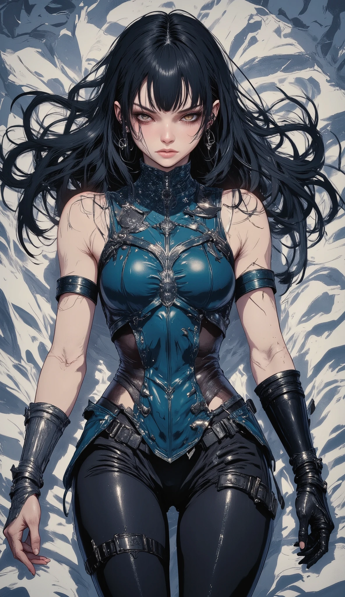 masterpiece, best quality, ultra-detailed, (stunningly beautiful woman:1.3) with (lustrous long black hair:1.2) and (wispy scattered bangs:1.1), (exquisite symmetrical face:1.2), piercing (cold arrogant gaze:1.2), (athletic fit physique:1.1), (flawless alabaster skin:1.2). She wears a (fantasy-style high-neck sleeveless leather breastplate top:1.3) in (dominant sapphire blue and obsidian black, with subtle silver trim and white accents:1.2), revealing a (slender firm waist:1.2), paired with (form-fitting black leather pants:1.2) showcasing her (long, powerfully alluring legs:1.2). (Ornate dark metal bracers:1.1) adorn her wrists. (Posed lazily yet provocatively and sensually on a silk-sheeted bed:1.3), embodying a (seductive and enigmatic fantasy female swordmaster:1.2). Exquisite mature illustration art style, intricate details, dramatic chiaroscuro lighting, sharp focus, professional digital painting reminiscent of WLOP and Frank Frazetta, trending on ArtStation, cinematic atmosphere, dynamic composition, high fashion concept, magical realism.