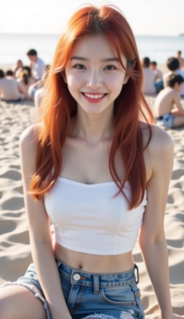 ((ROW фото )), ((high quality)), ((Photorealism)), masterpiece, Clarity, detailing, high sharpness, sexy girl sitting on the beach with her friends, Eveningинка, Evening, big green eyes, (( Red hair )) , freckles, small parts, small breasts, pleasure, Bright studio lighting, smile, bracelet, palm trees,