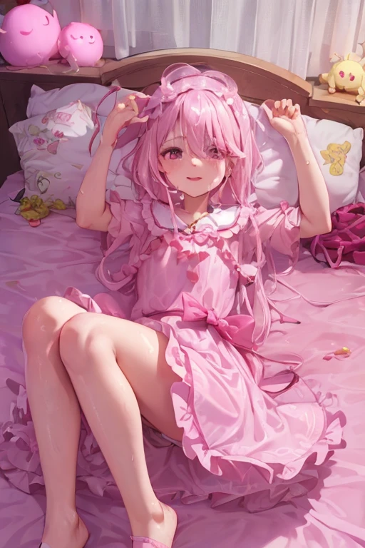 Beautiful illustration、top-quality、 s、Bedroom、A pink-haired、long whitr hair、(((Pink pleated skirt)))、(((Pink sailor suit)))、short- sleeved、huge tit、a navel、Turn up the skirt with your hands、showing white panties、Pull up the skirt，The reveal panties、Bare legged、eBlue eyes、on top of the bed、Lovely thighs、glowing thigh