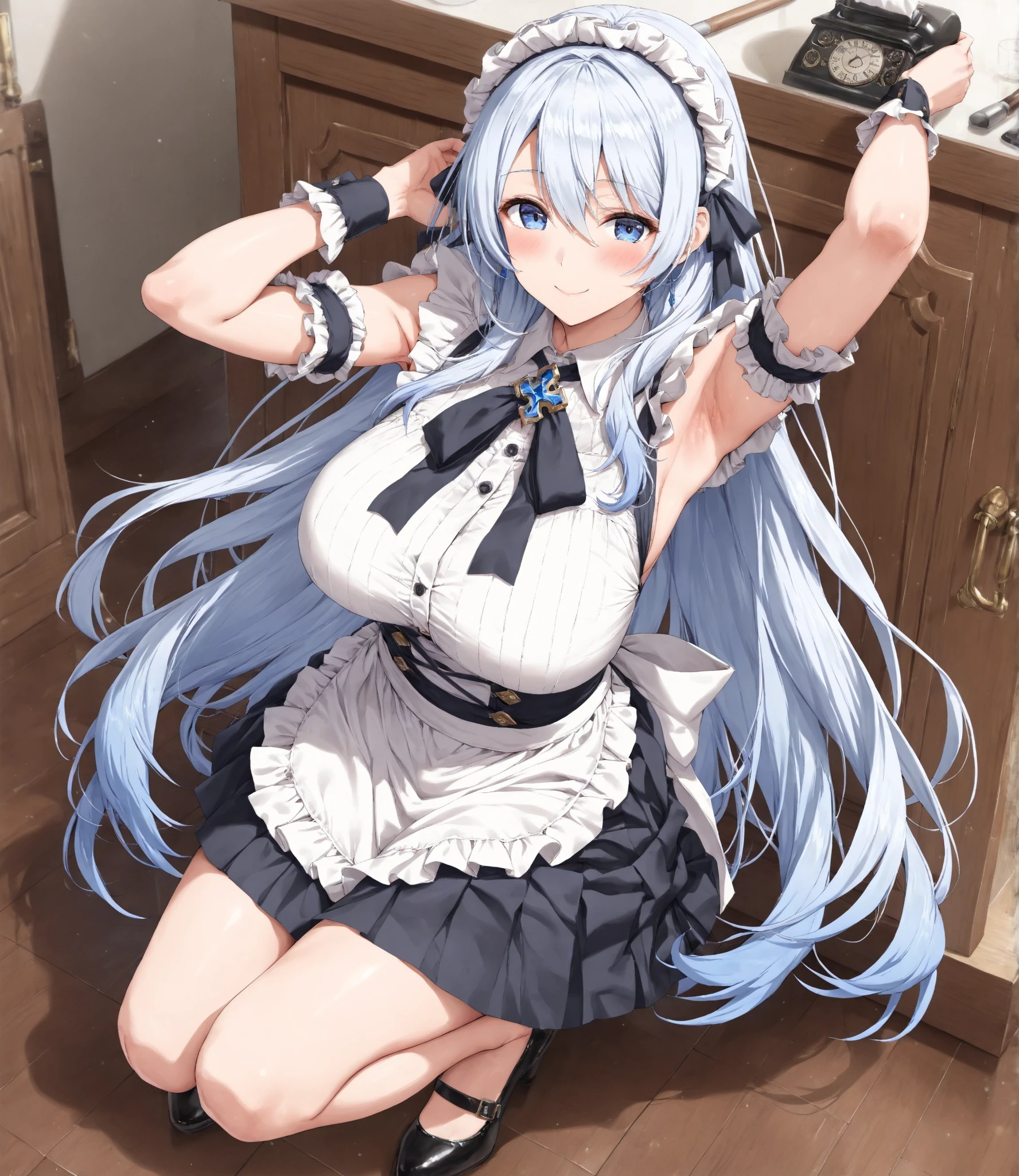 (of the highest quality、8K、masutepiece)) ((( Blue and white atelier sleeveless))) (((White hair )))++ Blue hair ornament Anime characters with long gray hair and blue eyes、anime visual of a young woman、Today's featured anime stills、white haired god、Official art、Anime visuals of cute girls、popular isekai anime、Tsuaii、Marisa Drizzle、Animated Movies、Still from the TV smile full bodyesbian during the day 夏天