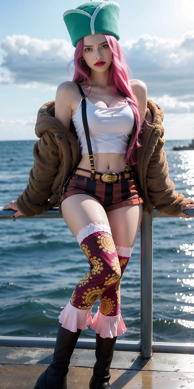 Rainbow gradient long hair girl in yellow hood，Hood covers your face，Bust photo，posing on a，ssmile，Hands exposed。sitting on a curb。Red daddy shoes，denim short，，ssmile，耳Nipple Ring，choker necklace