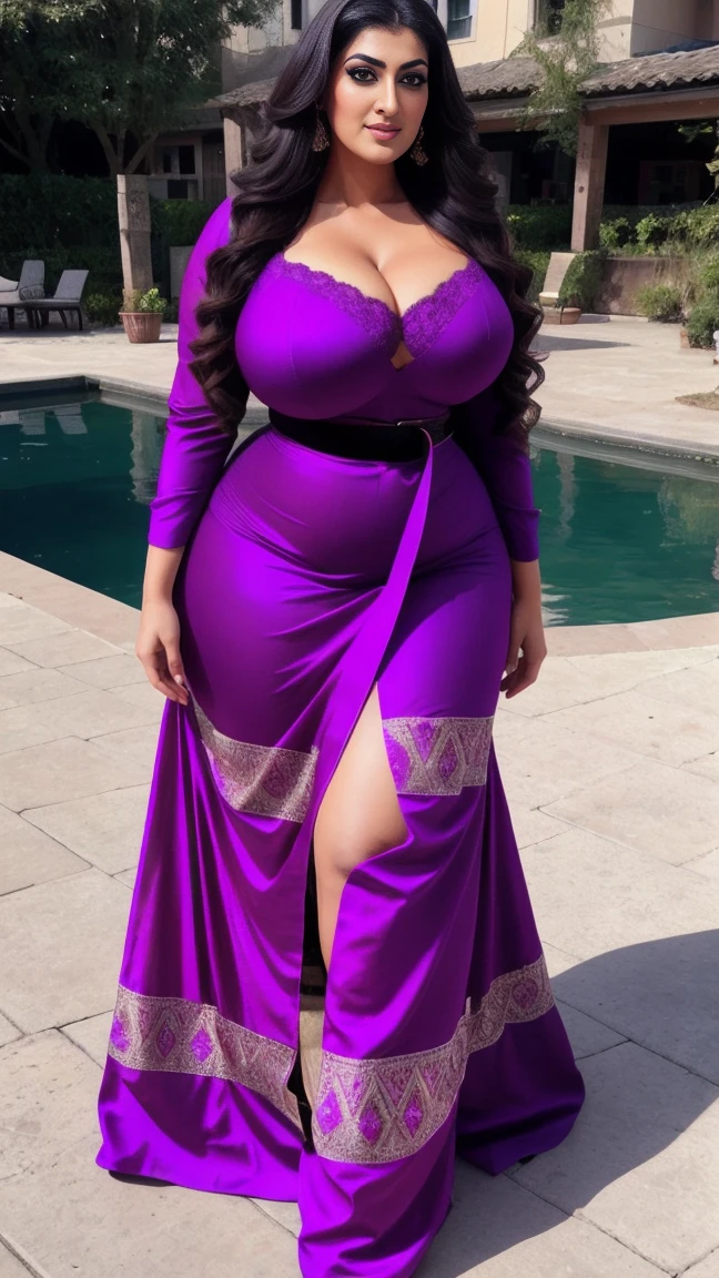 Uma mulher, extremamente realista, muito linda, sexy, pernas grossas, bunda grande, vestido roxo, pele cor preta, pele escura