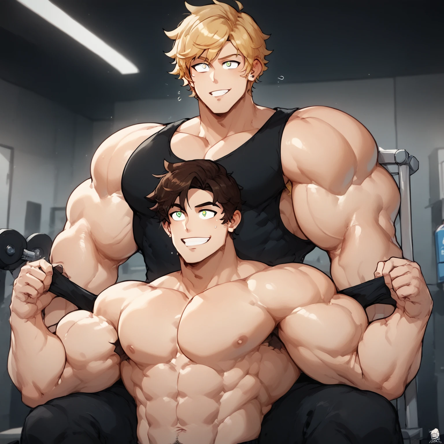 2 Boys,Casual clothing,Age difference,Blondes and brunettes,Sit on your lap,Hug from behind,Modern Room,(Fine grain),Detailed skin,masterpiece,Well-trained muscles like a bodybuilder,Bigger muscles,Ecstatic expression,