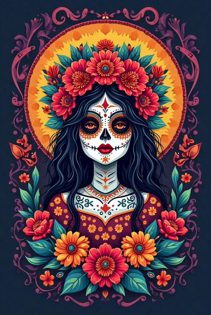 female necromancer in indian folk outfit, vector graphics, strong contours, logo design