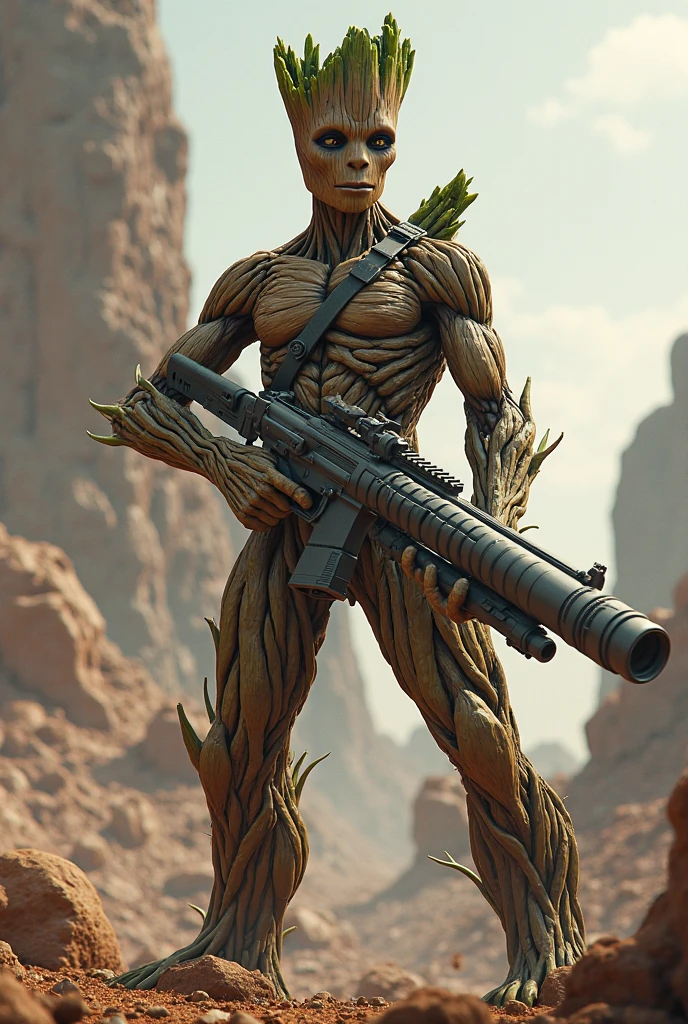 (32k, foto RAW, melhor qualidade, obra-prima: 1.2), ultra-detalhado, arte formal, foto realismo: 1.37, foto do corpo inteiro, (homem, beleza ,( Dwayne Johnson)film grain, villain action pose ((Groot))Details Guardians of the Galaxy