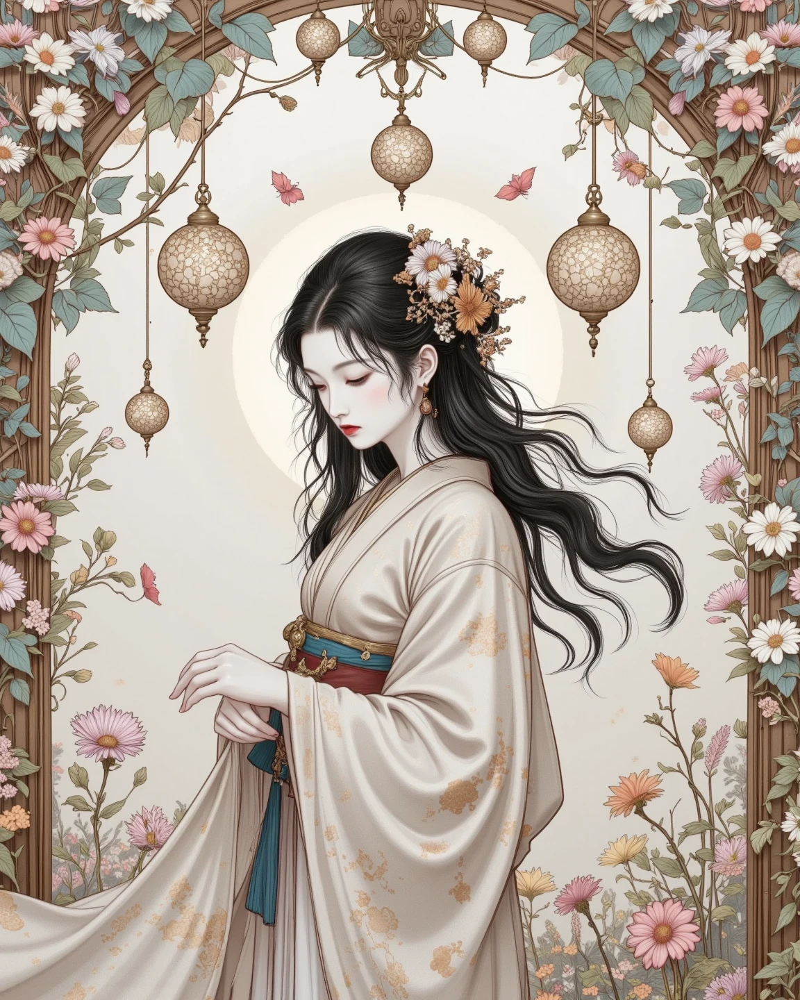 A gentle Japanese woman in a hakama is at the center of this image。Her costume is expressed in muted beige tones、exude elegance and modesty。gently bowing her head her expression is serene、her flowing hair is adorned with intricate floral hairpieces、enhances the natural flowers surrounding her in the background、Ornate round objects、A gentle young woman in a traditional Japanese costume is at the center of this image、graceful vine plants and hanging ornaments hanging above her head The、timeless beauty。understated, simple color scheme enhances the scene's calm and introspective mood。The overall atmosphere of the frame is quiet and meditative、You can feel serenity and elegance。