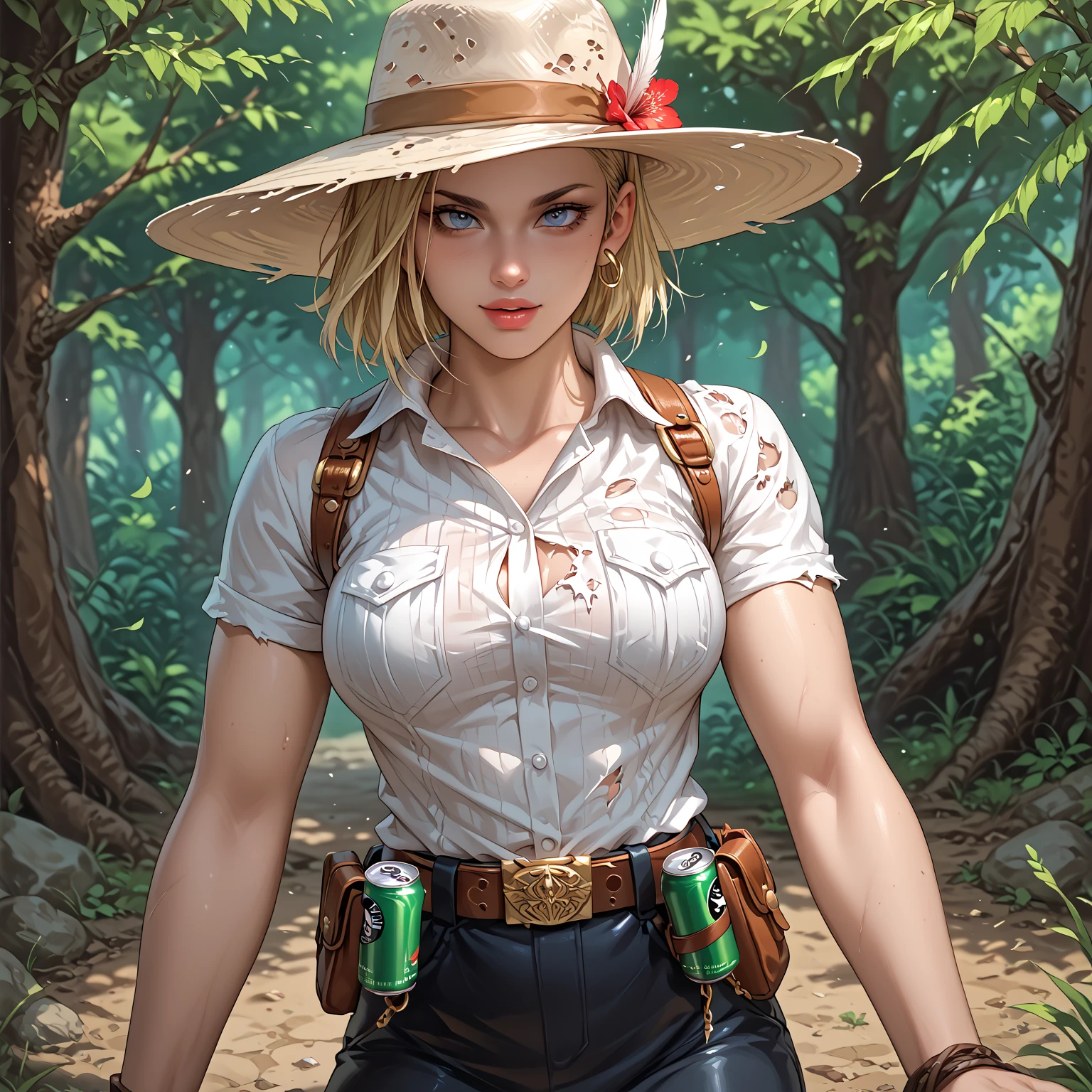 a close up of a woman in a hat holding a bird, gorgeous jungle ranger, female sheriff, 3 d render character art 8 k, ashe, render of april, cowgirl, tanny skin, female character, sfm render, female cowgirl, portrait of a female ranger, ashe from overwatch, 3 d character art, character render, western cowgirl, 3 d character render