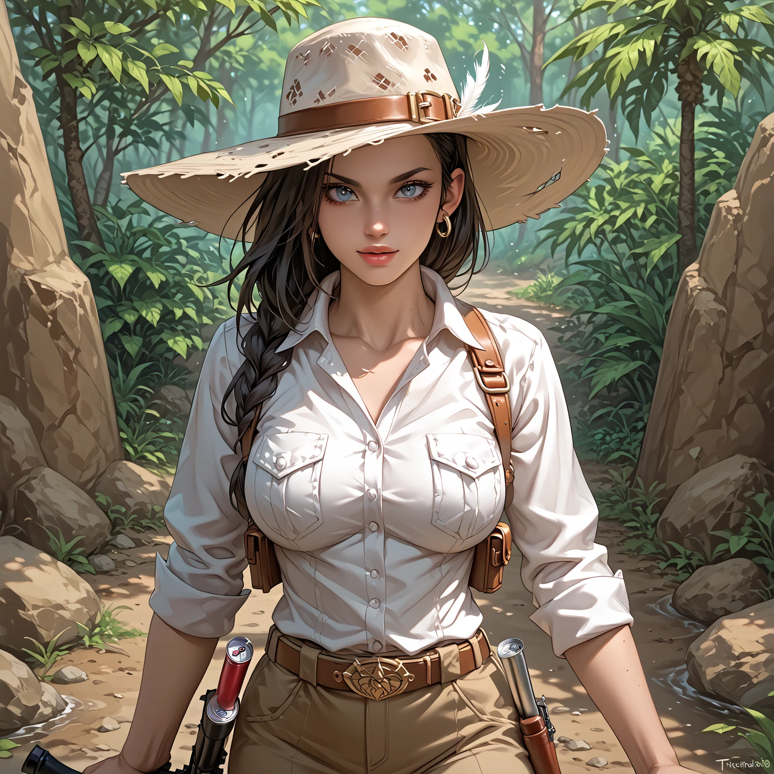 (masterpiece, high res, realistic) <lora:steampunker-nvwls-v1:1> stpunker, brown shirt, green jacket, cleavage, white skirt, belt, black top hat, goggles on headwear, breasts, full body