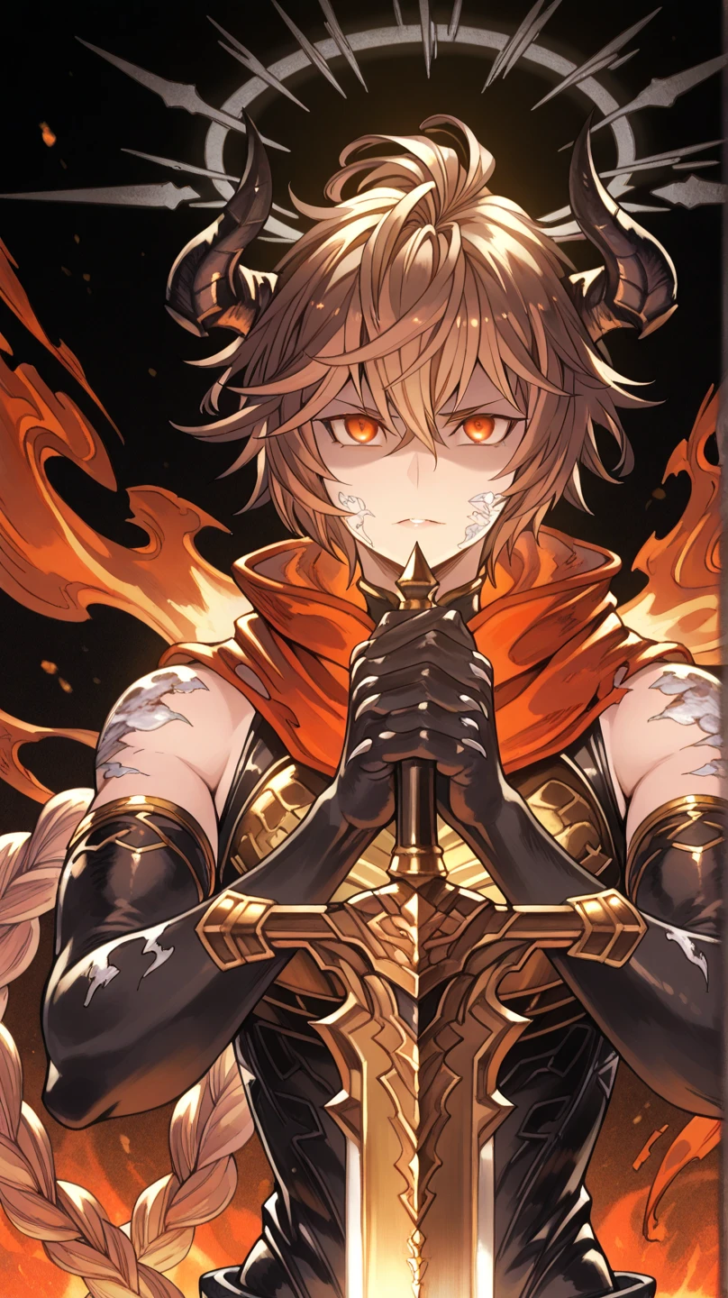 He has short red hair who controls a dragon, wears a black eyepatch, and carries a magic sword.