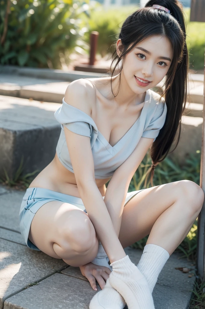 ((Best Quality)), ((masutepiece)), (Detailed), Perfect face、a 19 years old girl、White camisole、Cute、Protruding、Plump lips、opening legs
