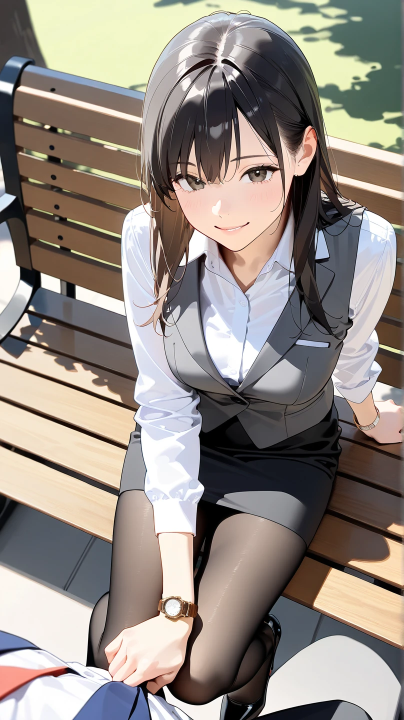 1girl, solo, cute girl, best quality, photo of a iom girl, best illustration, masterpiece, half updo, (black hair:1.2), medium breasts, closed mouth, light smile, office lady, skirt suit, pencil skirt,  black pantyhose, original, office, beautiful scenery, collarbone, sitting, crossed legs,