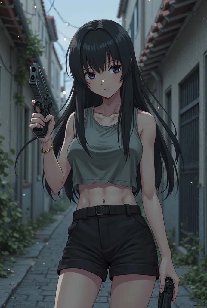 Highest quality,high resolution,2d,(Cel animation style),One woman,30 year old Asian female,(Straight long black hair),((Black tank top)),((Denim shorts)),((1 Shooting with a pistol in each hand.3)),(Skull Necklace),Black sneakers,(Beautiful face with a narrow slit 1.3),Black wristband on left wrist,Beautiful Style,Slender body,(Large Breasts),(((Holding a cigarette)))