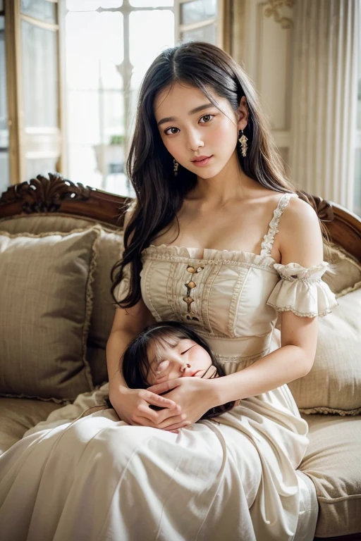 Paintings from the Belle Époque period、top-quality、​masterpiece、1girll、Dresses of the Rococo era、Woman holding baby、Noble lady、French cityscape、Marie Antoinette、Lady、