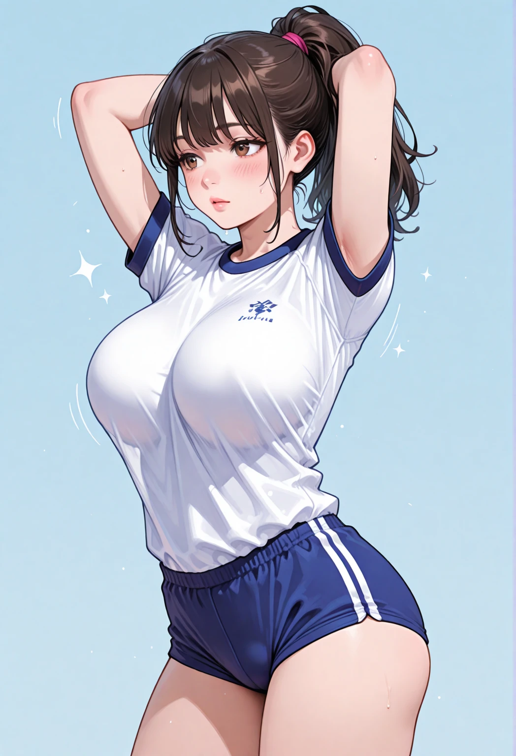 1girl, ultra high res ,looking at viewer ,smile, open mouth, large chest, gym shirt, shorts,exposed tummy