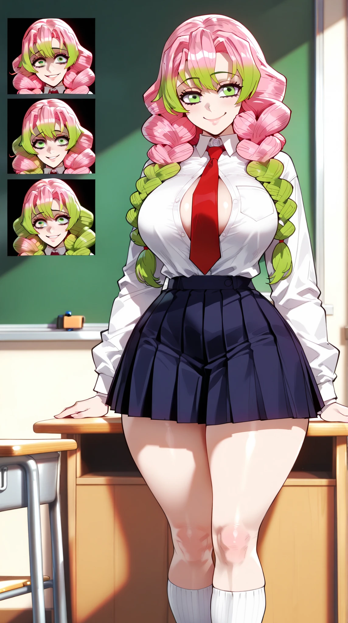 (masterpiece, best quality), 1 girl, Mitsuri Kanroji, stunning, smile,big breast, belly, chubby, classroom, Night, Short ((sleeveless white shirt)) and ((tigh red mini skirt)) and ((red tie)) ((red tie)). fix red tie