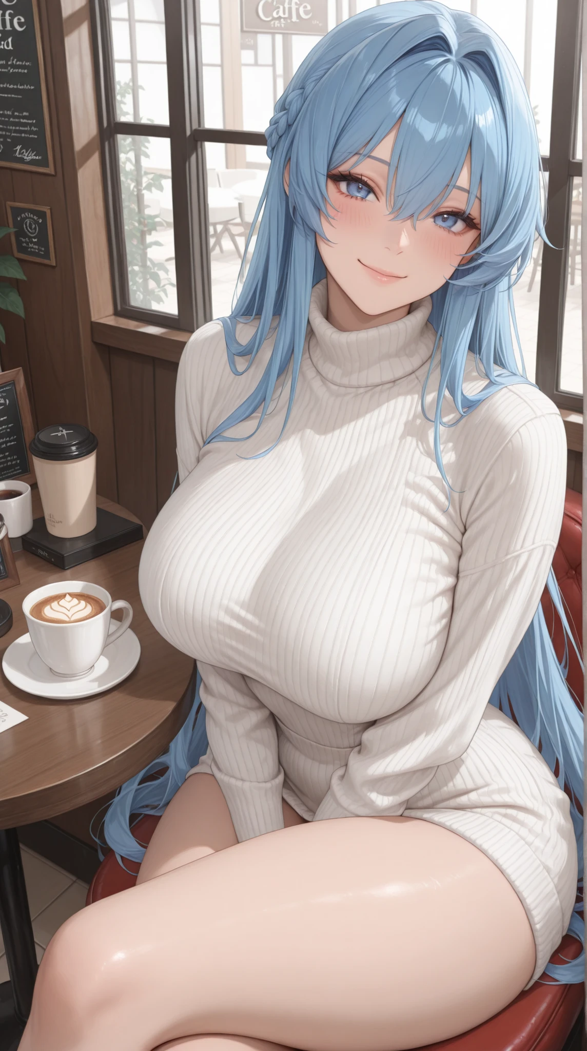 masterpiece, best quality, absurdres, highres, newest, 1girl, solo, hlmrd, blue eyes, blue hair, very long hair, hair between eyes, braid, hair intakes, large breasts, turtleneck sweater, ribbed sweater, white sweater,looking at viewer,blush,smile,cafe,sitting,cross legs,