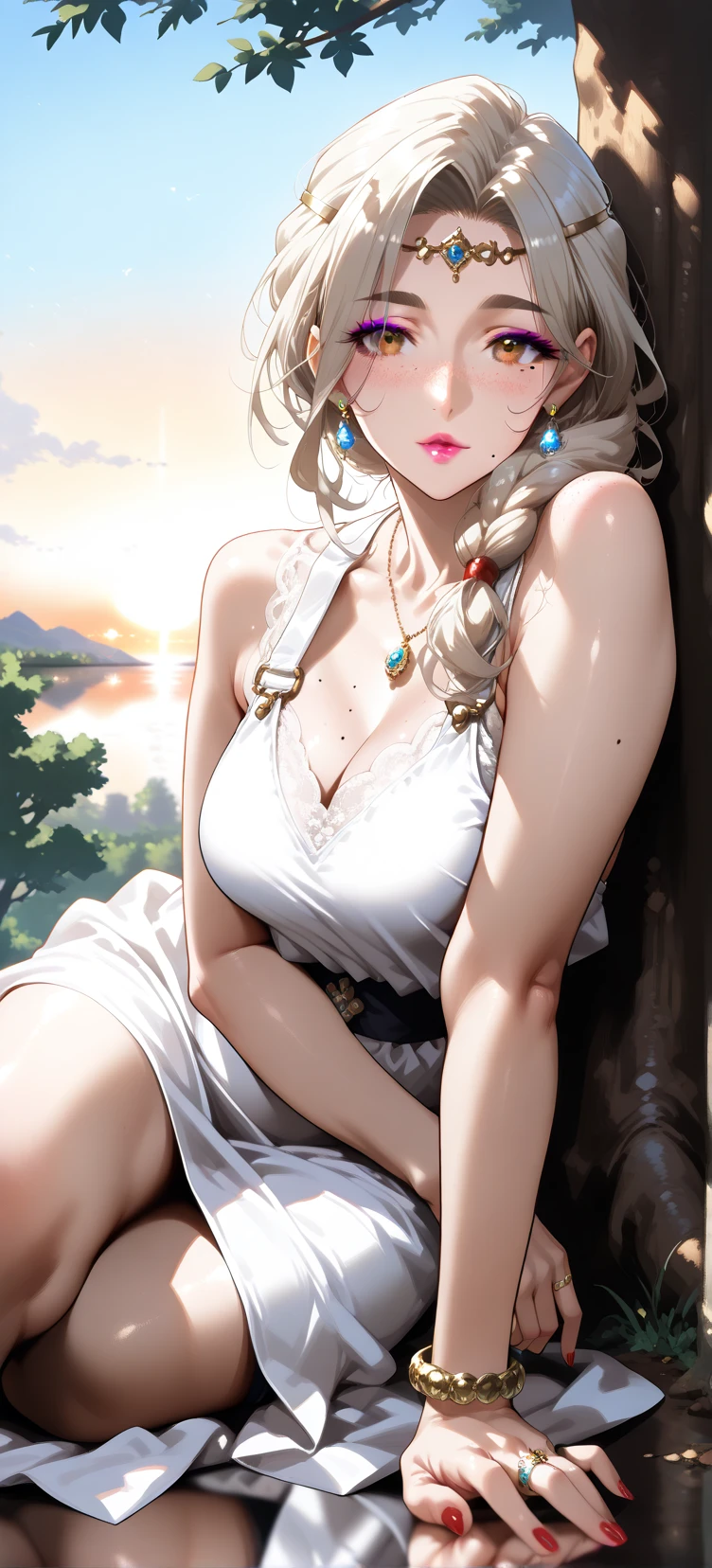 Realistically、Face the truth、The real 30 years old，Braided hair、Close-up of a tight long skirt made of beige thin fabric，Looking from directly below、Sexy、Large Breasts, [特写Cleavage]]]]Huge long saggy breasts, Cleavage, The chest is more exposed，Thighs are thicker、、Sexy摆造型、Smile、bedroom