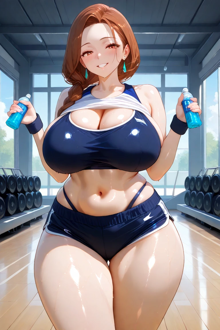 (8k, RAW photo、highest quality、masterpiece:1.2), 1 girl, Milf, moving line, motion blur, Precise features and delicate expressions, very beautiful woman, toned body、Composition of the whole body、perfect human body、(((character : Kyoka Tachibana)), ((oily skin、glowing skin、realistic skin texture、fine and beautiful skin、shiny skin、glossy white skin))、big breasts、big cleavage、beautiful feet、train at the gym, Wearing black and red gym clothes, realistic lighting,
