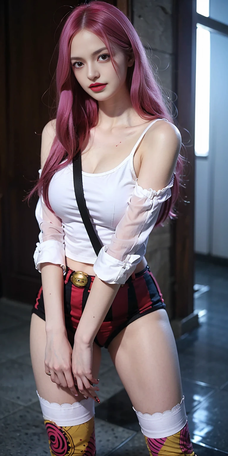((top-quality, 8K, masterpiece:1.3)), detailed eyes, (looking at from the front), Look at the camera, ((Everything is sparkling, reflecting light:1.2)), (Best Ratio: 4 fingers, 1 thumb), (portrait), (((Jewelry Bonney from One Piece))), JewelryBonneyV2, 1girl, solo, (cute Asian face),((cute face)), long hair, pink hair, pirate's hat, ((slim girl, medium breasts, hyperdetailed lips)), red lips, (thighhighs, tank top, suspenders, boots, purple eyes), navel, midriff, crop top, belt, suspender shorts, complex detailed background, barren land, rocks, ocean, nature environment, standing, (upper body image :1.3), (master part, best quality:1.2), (dynamic pose:1.5), 1girl, alone, , bareshoulderulher Young European:1), Looking at o Viewer, beautiful face, Highly detailed face, highly detailed eyes, Subsurface scattering, realistic pupils, full face blush, full lips, Detailed background, depth of field, Volumetric lighting, sharp focus, absurdities, Realistic proportions, ( Realistic, hyper-realistic:1.2), 16K HDR,super wet , show nipples, medium breasts, show vagina, wide open legs:1.6.