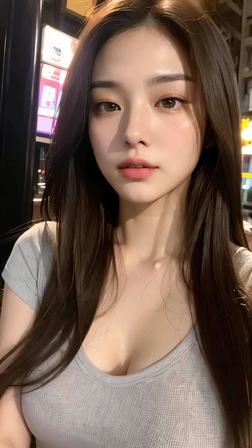 ((Best quality, 8k, Masterpiece :1.3)), Sharp focus :1.2, A pretty woman with perfect figure :1.4, Slender abs :1.2, ((Dark brown hair, :1.2)), (White button up lshirt :1.1), City street:1.2, Highly detailed face and skin texture, Detailed eyes, Double eyelid