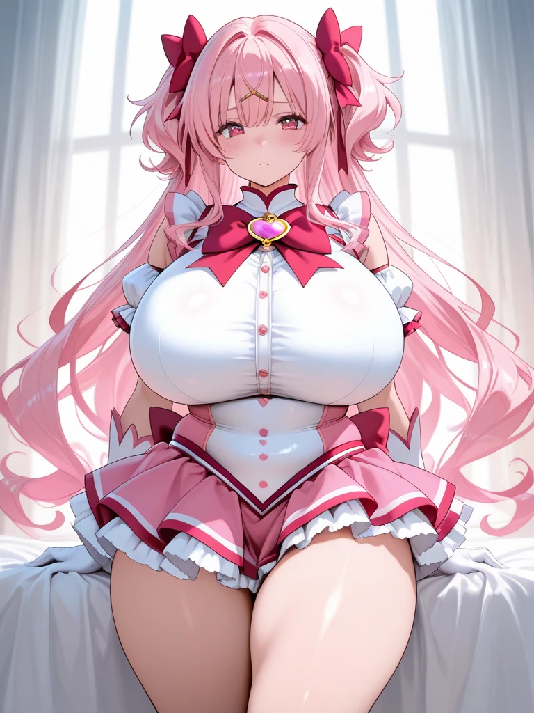 Hentai、High resolution、smile、Pretty Cure、Bradamante、Voluptuous busty magical girl spreads her legs in a luxurious bedroom、A lewd dress for a magical girl with frills、Perfect proportions、Cowboy Shot、Fatty thick legs、Sweaty、Clear eyes