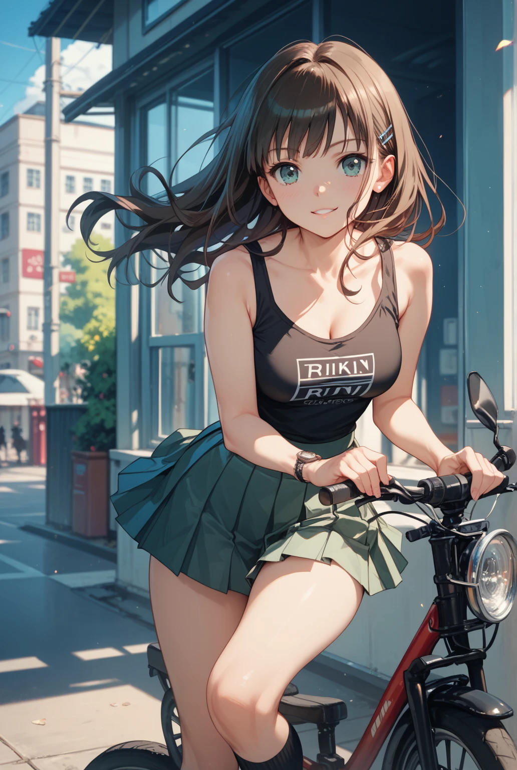 最high quality、best image quality、masterpiece、girl((20-year-old、 By becoming、vest bust、medium bust,wide open breast tea、shining eyes, blonde、long hair、thin,highest valley、ponytail、action of looking up、right arm bandage、Sportswear with a wide open chest、berry shorts、cool pose、holding a black smartphone、Cyber Sunglasses、ride a tourer bike、grin and laugh、forward leaning movement)),high quality、beautiful art、background((The road to the near future))、Flight、debris flies、Depth of written boundary、movie、visual art、perfect art、8k,genuine、
