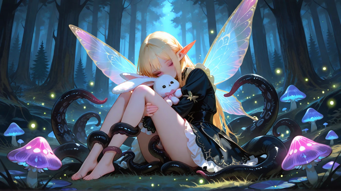 ((best quality)), ((masterpiece)), (detailed), 1 fairy girl, off-shoulder sweater, a fairy, fairy girl, winged pixie girl, fairy, various different types of insect wings, small breasts, NSFW,Covered with tentacles, encoiled by tentacles, Tentacles around the body, many tentacles, captured by tentacles, bound by tentacles, trapped by tentacles, Fine details,Tentacled,Tied with tentacles, roaming tentacles, drooling,Crying,horrified expression, panic, fight for survival, Detailed body,Full limbs,NSFW, being pulled into a flower, wild environment, jungle, terrifying floral environment, horrific nature, predatory flora, fairy catcher, fairy trapper, fairy catcher plant, fairy trapper-plant, fairy catcher flower, fairy trapper-flower inspired by carnivorous plants