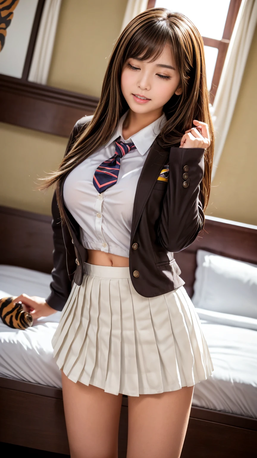 Top quality, high image, 1 woman, 18 years old, school stairs, black jacket, Medium breasts,white blouse,(plaid miniskirt), white panties,upskirt from below