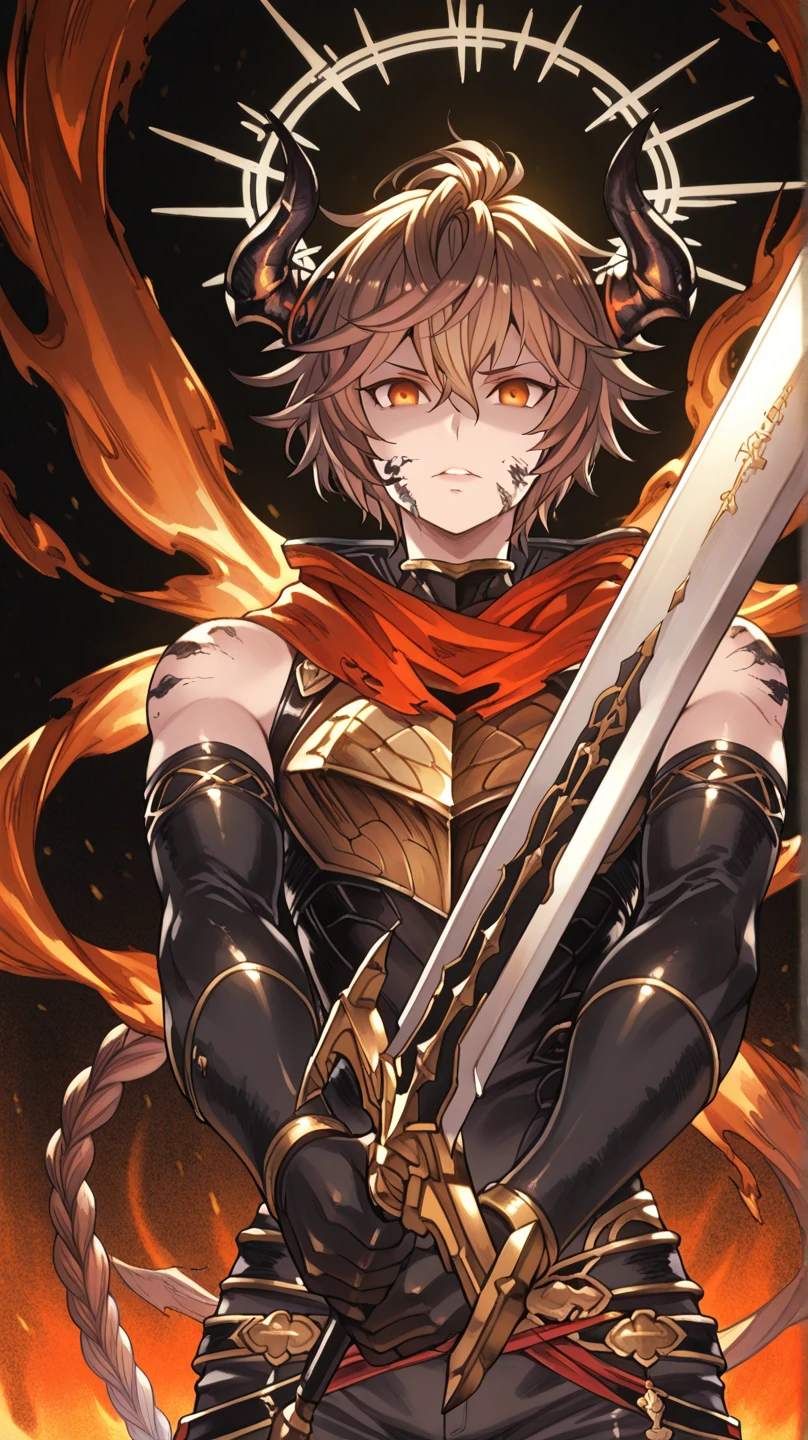 Alone, a man, facing the viewer, brown hair, hairstyle like Reed The Flame Shadow from arknights but with a long braid in his hair, face like sandalphon from Granblue Fantasy, eyes in the tone of red wine, long bangs, perfect anatomy, student, black horns of Reed The Flame Shadow from arknights, eye horns the same color as the eyes, fierce face, provocative face;

black tactical combat outfit like Lucifer/Lucio from Granblue Fantasy, long red scarf, exposed arms, black arms with silver spots, hands with claws, black hands with silver spots, black halo;

facing the viewer, face to face, black background;

Holding a heavy sword (giant sword) Nian style from "arknights" (but a sword must be a heavy sword, greatsword), gold details on the sword, giant sword design, white blade physics icon;

Close to the face, looking at the character, looking at the viewer, face to face, confidence;

Pay attention to resolution colors, , maximum resolution;