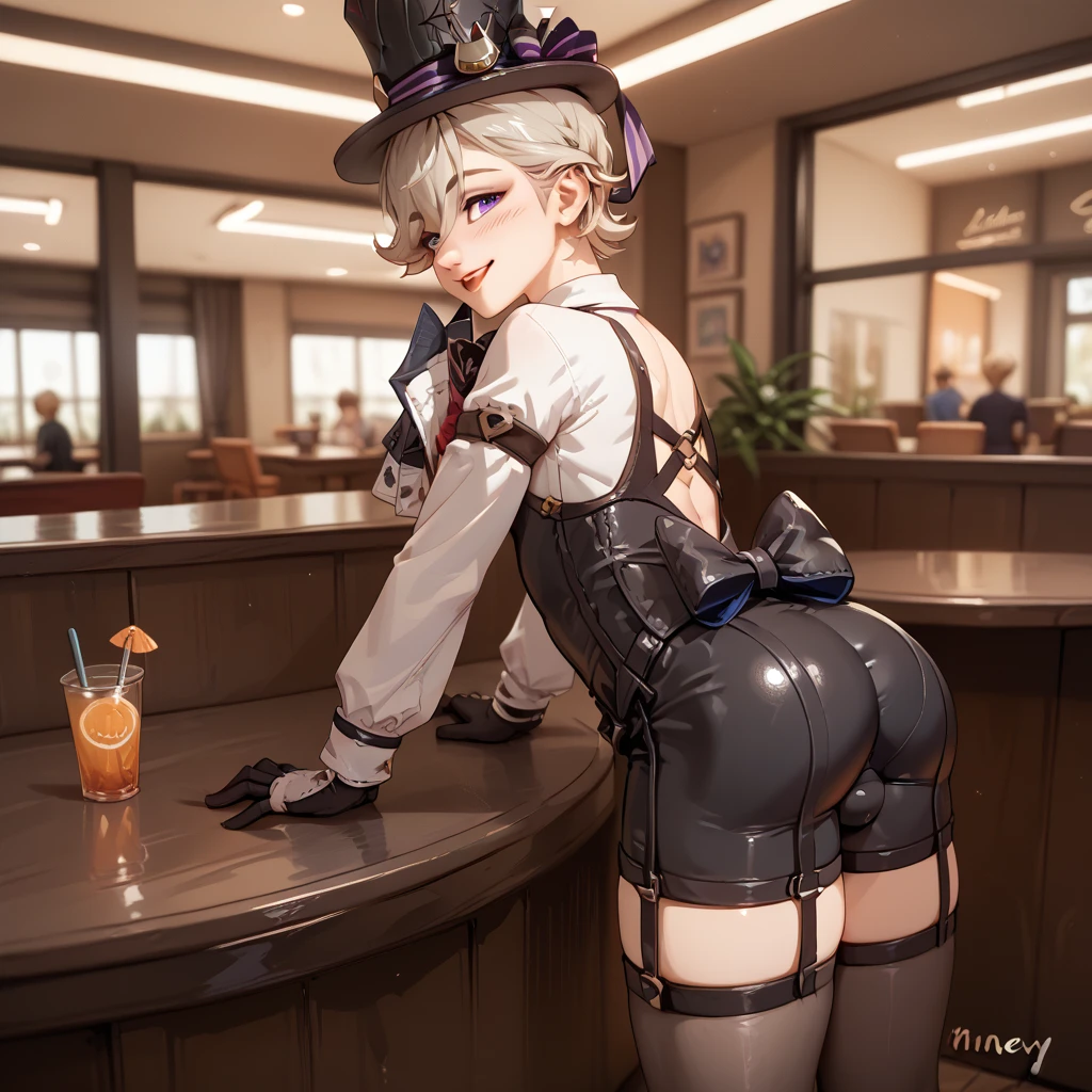 One girl, (Luna), Blonde, Folded ponytail, Side Lock, Yellow Eyes, smile, medium breasts, (black playboy bunny), (black fake rabbit ears), (black pantyhose), (black high-heels), squatting, spread legs, cowboy shot, indoor, cafe,