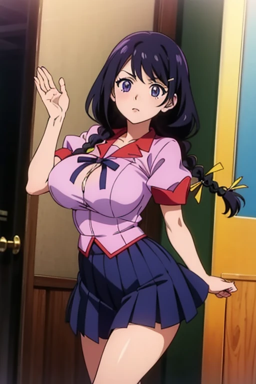 masterpiece, best quality, kumashiro maya, 1girl, solo, (skirt lift:1.2), breasts, cleavage, long hair, white headband, parted bangs, blue eyes, looking at viewer, sweat, large breasts, collared shirt, tied shirt, pleated skirt, flashy gyaru, happy, showy,too many accessories, colorful , kogal, kogal gyaru, necklace, earrings, bracelet, bra, handbag, (cameltoe), navel, midriff, (makeup)