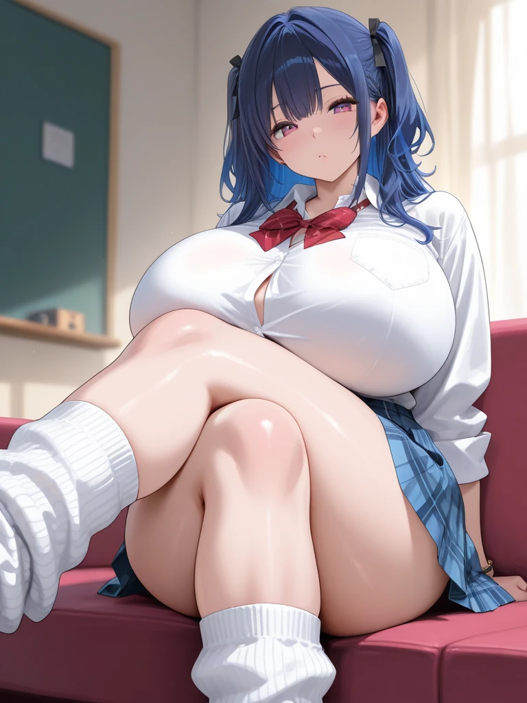 One girl, highest quality, Super detailed, masterpiece, Ultra-high resolution, 8k, Ridiculous, Cowboy Shooting, Focus on the girl, Embarrassing, blush, Lovely, Close one eye, With tears in her eyes and her mouth open, drooling, (arms behind head), (wariza),Classroom Background, bulma, dragon ball, (medium breasts), (sagging breasts),(huge nipples), Absolute area, Black knee socks, Waistline, front shot
