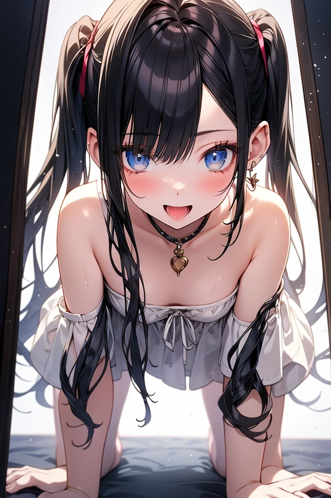 Hands behind back,Tied with hands behind back,lick,from front,front view,looking at viewer, looking ahead,from above,cowboy shot,1girl,Beautiful girl at 13 years old,teenager,Japanese,Slender,,low length,Small breasts,Thin legs,Small Ass,Baby Face,Small face,Black Hair,Row Twin Tails,Gray Eyes,Drooping eyes,slit pupils,narrow eyes.Black collar with black leash,A see-through black and light blue negligee,lingerie,open mouth,tongue out,front face,Kneeling,Straight Stand,Beautiful and detailed anime art,Mischievous smile,Sexy vibe,cum on tongue,Dimly lit room,On the bed,Simple Background,Gray background,Dim lighting,