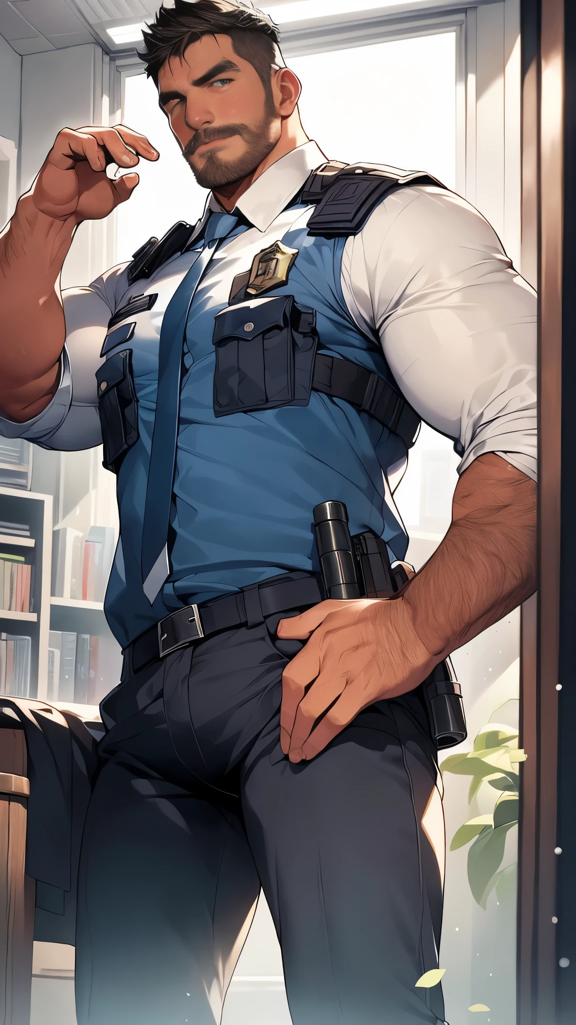 A 30-year-old police officer,The pectorals exploded,No chest covering,The shirt opens,Kneeling pose,Bind your hands,Tape to mouth,Eyes are confused,high-definition picture quality,tmasterpiece
