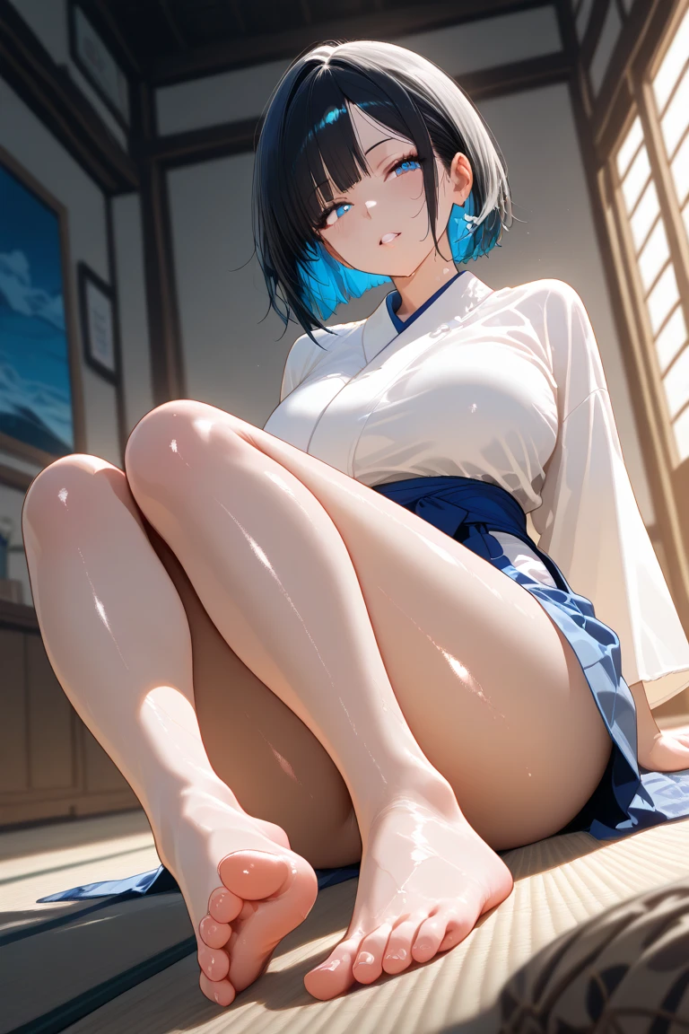 (score_9,score_8_up,score_7_up,),1girl, akali /(leaugeoflegends)/,red eyes,black hair,open long hair,bangs,updo hair,skinny body,solo,bandage breasts,bandaged crotch,looking at viewer,indoors,bare foot,feet focus,two feet,open legs,soles,armpit,five toes,five fingers,perfect feet,open legs,wet skin,beautiful eyes,oiled,nice lips,eyes shadows,nice nose,smooth skin,from below,