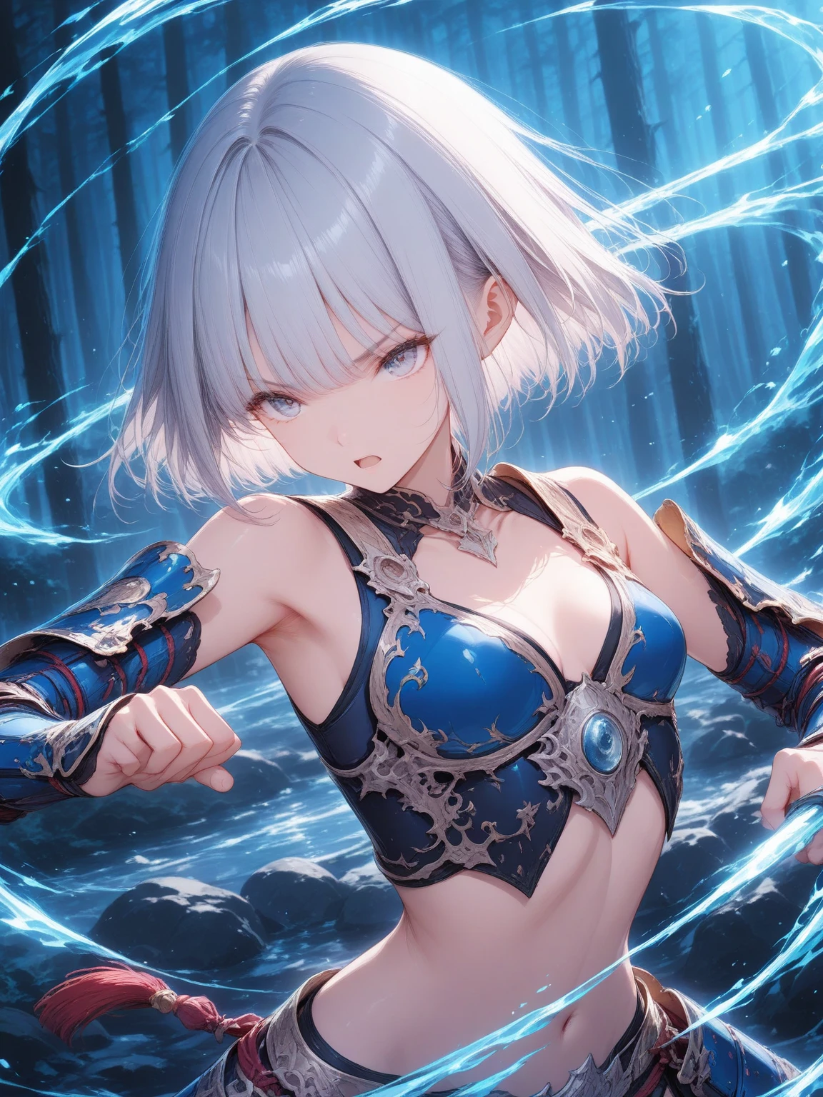 Realistic, (Masterpiece, Top Quality, Best Quality, Official Art, Beauty and Aesthetics: 1.2), Very Detailed, Fractal Art, Colorful, Most Detailed, Zentangle, (Abstract Background: 1.5) (1girl), God, Blonde Hair, Short Hair, (Glowing Blue Eyes), Pectals, Abs, Mysterious, (Magic), Crystal