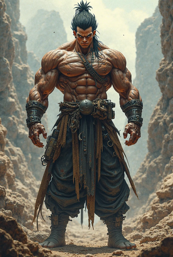 a Lesser Oni with an appearance that mixes a menacing presence with a touch of slovenliness. His eyes are an intense orange, shining with an eerie light that highlights his piercing gaze. He wears baggy, tattered workout clothes., that seem to always be on the move, highlighting his combative and sloppy nature. Your height is average, balancing between strength and agility.
Brown hair is messy and disheveled, falling around her face in a messy style that reflects her untamed personality. The most striking feature is a deep cut mark that runs through his eyes., a scar that tells stories of past battles and reinforces his menacing aura.