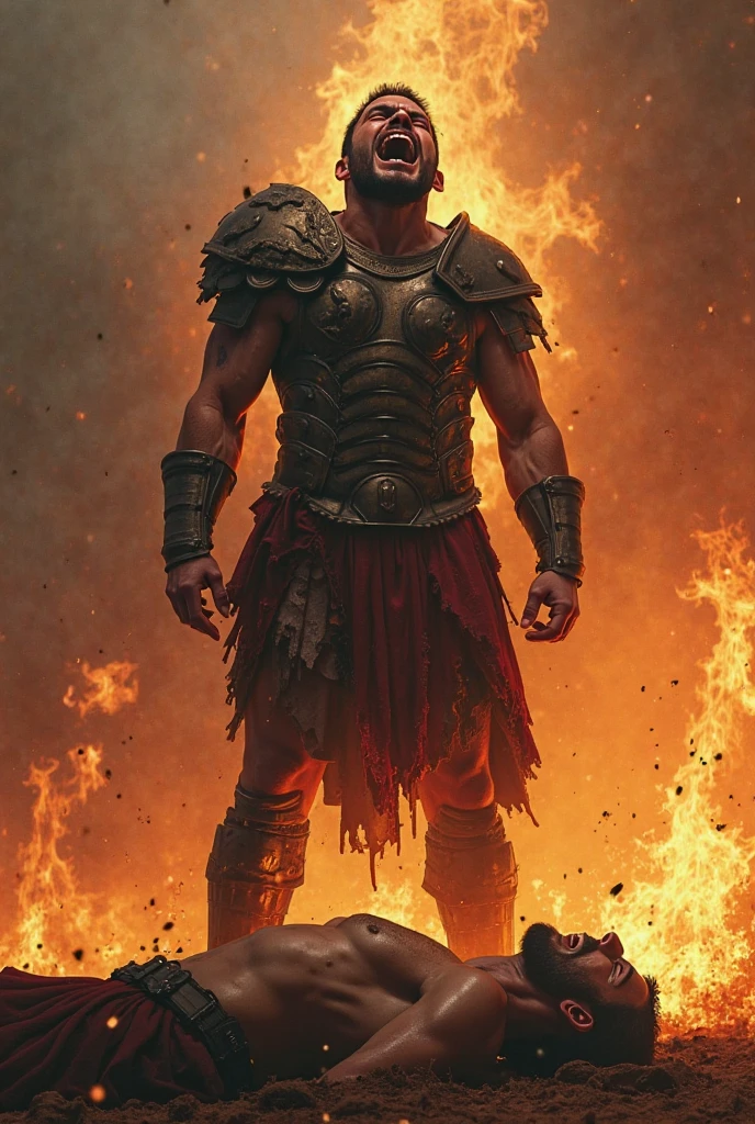 a muscular gladiator wearing a fish-shaped steel helmet dueling in an arena, extremely detailed, hyper-realistic, cinematic lighting, volumetric fog, nudity, dramatic pose