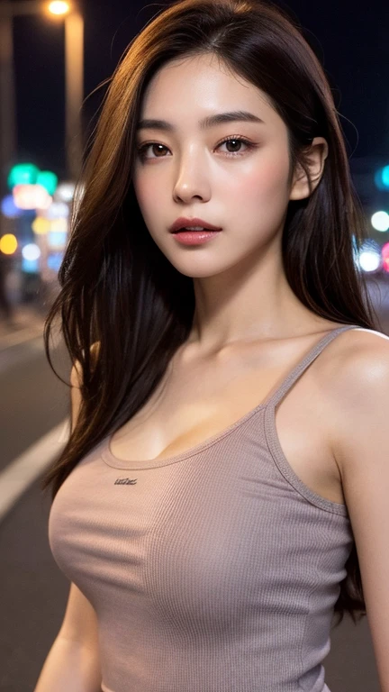 ((Realistic lighting, Best quality, 8K, Masterpiece: 1.3)), Clear focus: 1.2, 1girl, Perfect Figure: 1.4, Slim Abs: 1.1, ((Dark brown hair)), (White crop top: 1.4), (Outdoor, Night: 1.1), City streets, Super fine face, Fine eyes, Double eyelids, full body
