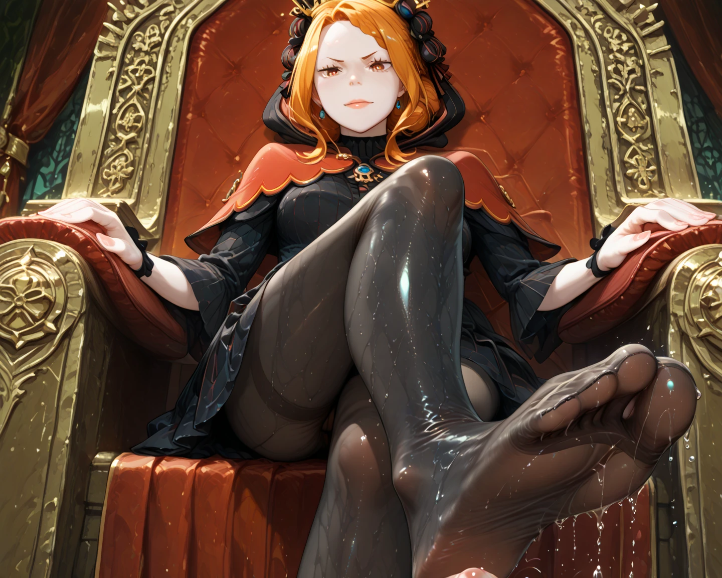 One girl, Cat hat, Sitting, Crossing your legs, Black eyepatch, Throne, Looking down, From below, View Viewer, Outdoor, masterpiece, highest quality, so beautiful, Absurd