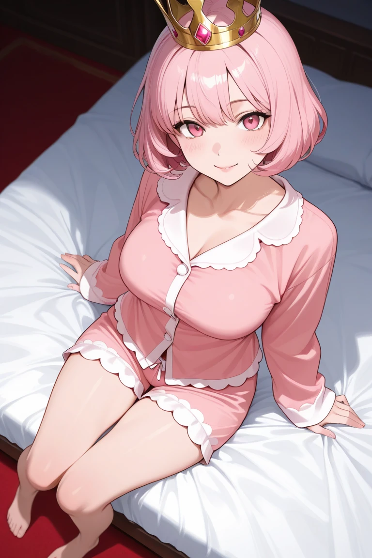 Exquisite illustrations,A homely room,A girl with short pink hair curled up comfortably on a large bed and slept quietly with her eyes closed,There is nothing on the body,The girl has a plump figure,Dressed in a translucent lace pajamas,The pink chest is faintly visible,A lamp on the bedside table next to the bed is glowing softly and warmly,It was raining outside,The window next to the bed was dripping with water droplets