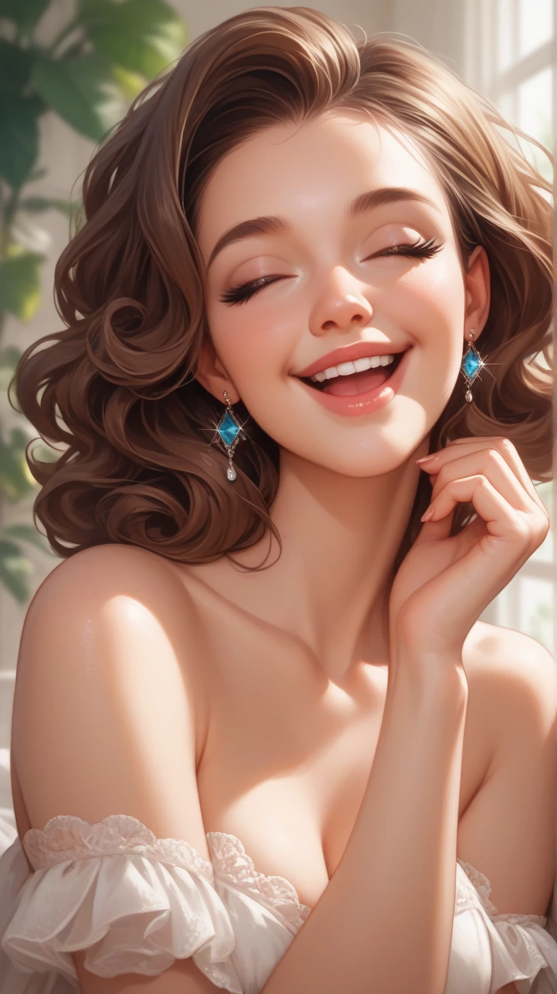 araffe woman with long brown hair wearing a dress and earrings, cindy avelino, ruan jia beautiful!, 2 7 years old, cute seductive smile, portrait of modern darna, painting, pastel, illustration, 2 8 years old, with a seductive smile, joy ang, hi-res scan, hi - res scan, official photos, 2 3 years old, jaw-dropping beauty, accurate hands and fingers.