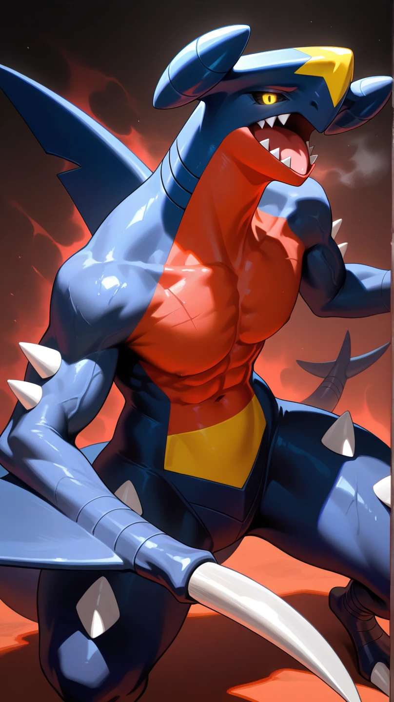 Garchomp, bodybuilder, massive pecs, massive biceps, massive thighs, pinup