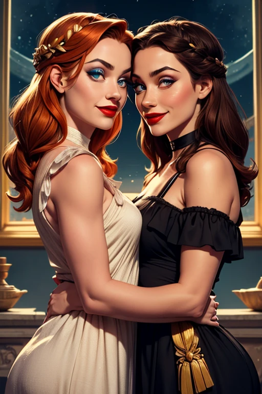 A redheaded woman dressed only in veils dances on the moon dreaming, painting of the moon's craters, many inappropriate objects, lots of intimate underwear, fishnet stockings, lace bolero, books, make-up accessories, surrealist painting, magic realism, bizarre art, subtitle at the bottom of the picture "Where is my friend Pierrot?" in blue and gold letters.