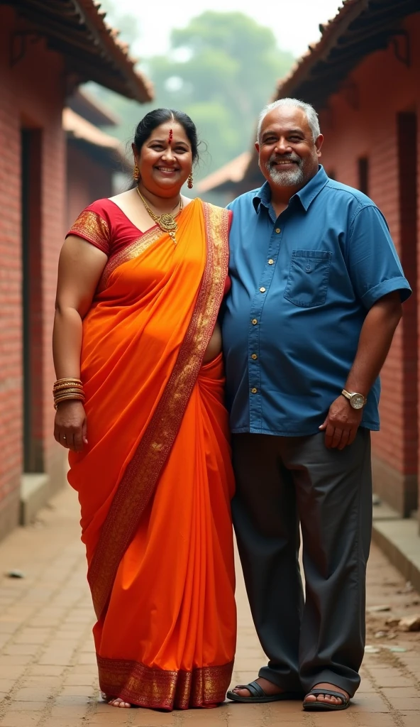 Newly wed indian couple, hot curvy white south indian milf with long tied hair, big breast, big hip, very big ass, thick thighs, woman wearing long kurthi and leggings, cleavage, indian couple, very short indian black old man with short haircut, skinny body and big moustache, man wearing shorts, woman with man, couple in house balcony, high resolution, couple looking at camera, tall woman and short man, close-up potrait, Closed Mouth, serious face, front full body view, in kitchen, bright lighting