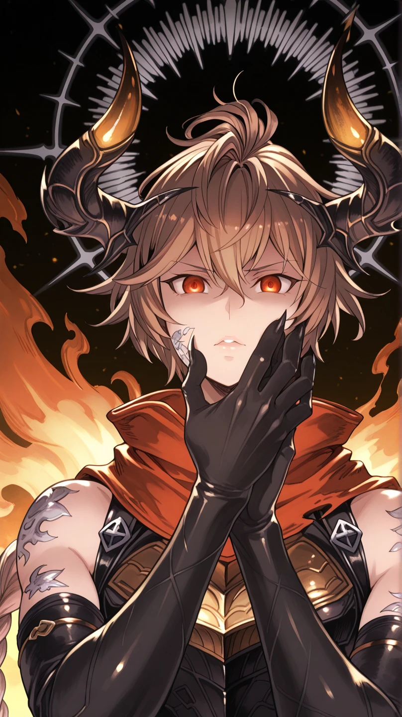 Alone, a man, facing the viewer, brown hair, hairstyle like Reed The Flame Shadow from arknights but with a long braid in his hair, face like sandalphon from Granblue Fantasy, eyes in the tone of red wine, long bangs, perfect anatomy, student, cosmic horns of Uzen Kyouka from Chained Soldier, cosmic tail with golden flame at the tip, eye horns the same color as the eyes, fierce face, provocative face;

black tactical combat outfit like Lucifer/Lucio from Granblue Fantasy, long red scarf, exposed arms, black arms with silver spots, hands with claws, black hands with silver spots, black halo;

facing the viewer, face to face, black background;

Close to the face, looking at the character, looking at the viewer, face to face, confidence;

Pay attention to resolution colors, , maximum resolution;