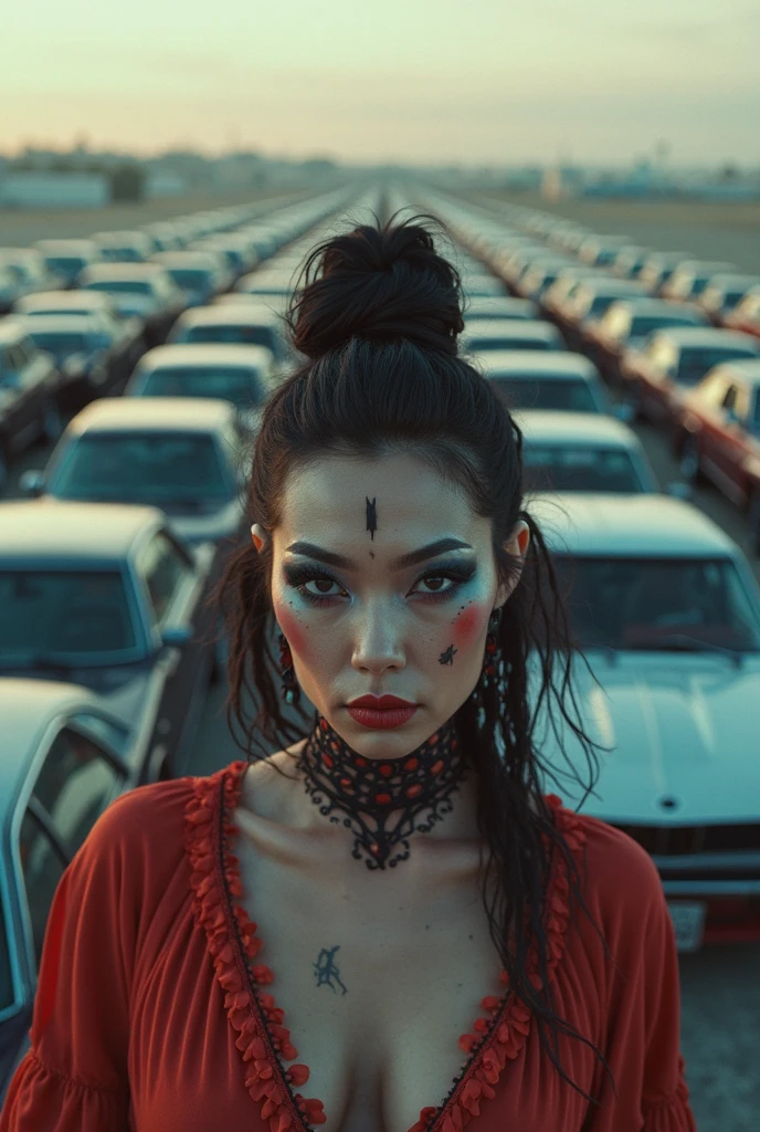 drama, documentary photoshoot, a woman in pencil denim skirt and stockings and leather jacket, victim of ritual, ritual posing, high heels, wearing traditional indigenous makeup, red, green, blue, (best quality,4k,8k,highres,masterpiece:1.2),ultra-detailed,(realistic,photorealistic,photo-realistic:1.37),highly detailed face, beautiful detailed eyes, beautiful detailed lips, extremely detailed eyes and face, long eyelashes, intricate makeup, dramatic lighting, cinematic composition, atmospheric, moody, dark, unsettling, horror, documentary, editorial, fashion, portrait