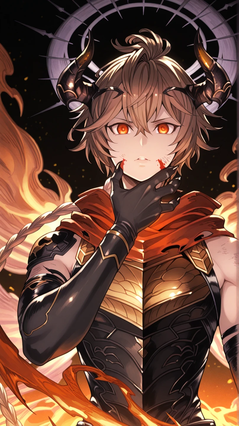 Alone, a man, facing the viewer, brown hair, hairstyle like Reed The Flame Shadow from arknights but with a long braid in his hair, face like sandalphon from Granblue Fantasy, eyes in the tone of red wine, long bangs, perfect anatomy, student, cosmic horns of Uzen Kyouka from Chained Soldier, cosmic tail with golden flame at the tip, eye horns the same color as the eyes, fierce face;

black tactical combat outfit like Lucifer/Lucio from Granblue Fantasy, long red scarf, exposed arms, black arms with silver spots, hands with claws, black hands with silver spots, black halo, cosmic tail with golden flame at the tip;

facing the viewer, cosmic tail with golden flame at the tip, face to face, black background;

Close to the face, looking at the character, looking at the viewer, face to face, confidence;

Pay attention to resolution colors, , maximum resolution;