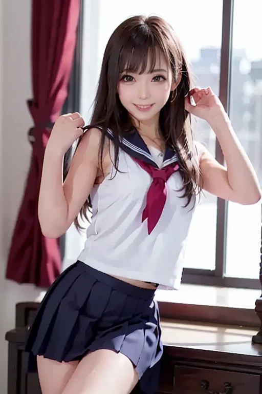 Girl Standing In School Classroom,Sailor shirt with pink bow tie,White garter belt with laces,18year old,Bangs,A little smile,thighs thighs thighs thighs,Crotch,Knees,Low ponytail,From below